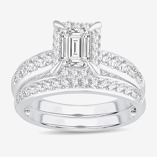 (H-I / Si1-Si2) Womens 1 1/2 CT. T.W. Lab Grown White Diamond 10K Gold Side Stone Halo Bridal Set
