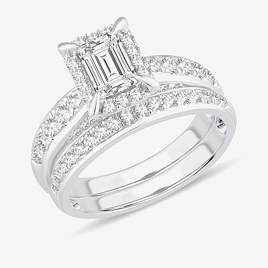 (H-I / Si1-Si2) Womens 1 1/2 CT. T.W. Lab Grown White Diamond 10K Gold Side Stone Halo Bridal Set