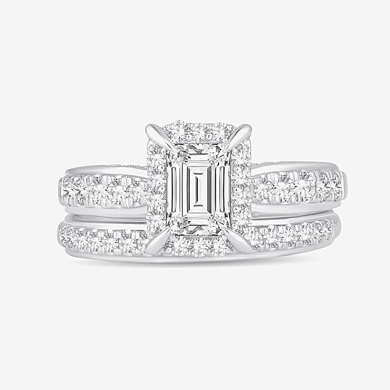 (H-I / Si1-Si2) Womens 1 1/2 CT. T.W. Lab Grown White Diamond 10K Gold Side Stone Halo Bridal Set