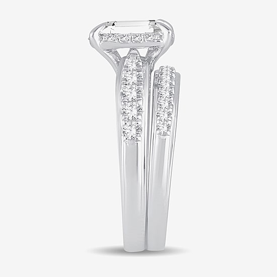 (H-I / Si1-Si2) Womens 1 1/2 CT. T.W. Lab Grown White Diamond 10K Gold Side Stone Halo Bridal Set