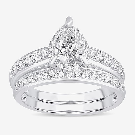 (H-I / Si1-Si2) Womens 1 1/2 CT. T.W. Lab Grown White Diamond 10K Gold Pear Side Stone Halo Bridal Set