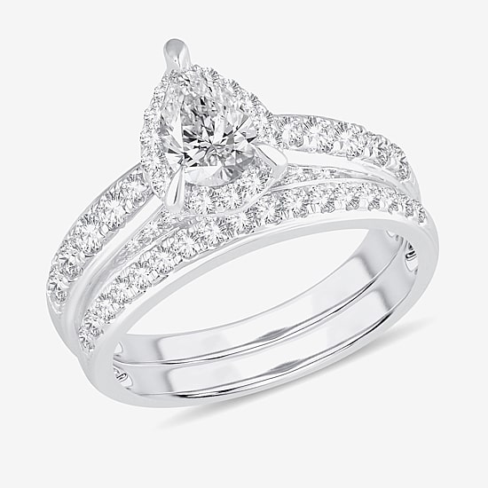 (H-I / Si1-Si2) Womens 1 1/2 CT. T.W. Lab Grown White Diamond 10K Gold Pear Side Stone Halo Bridal Set