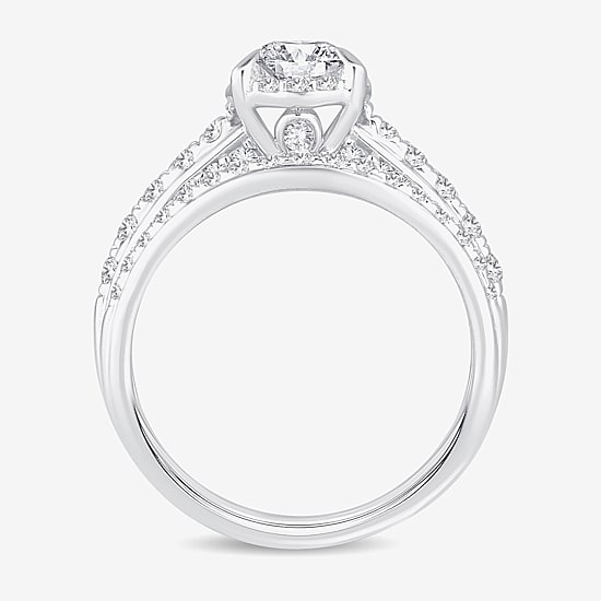 (H-I / Si1-Si2) Womens 1 1/2 CT. T.W. Lab Grown White Diamond 10K Gold Pear Side Stone Halo Bridal Set