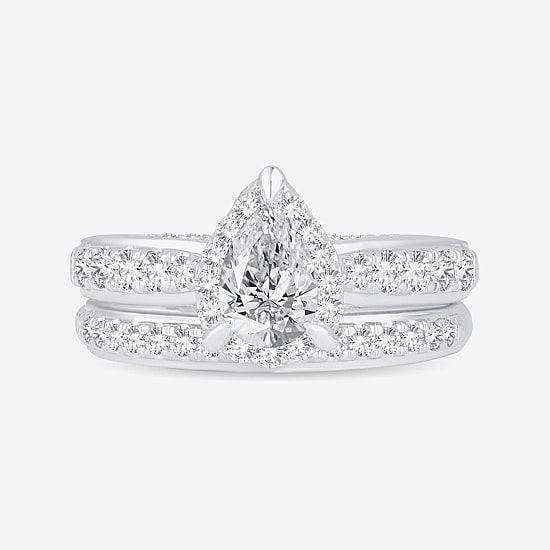 (H-I / Si1-Si2) Womens 1 1/2 CT. T.W. Lab Grown White Diamond 10K Gold Pear Side Stone Halo Bridal Set