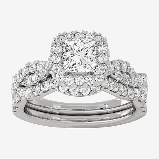 (H-I / Si1-Si2) Womens 1 7/8 CT. T.W. Lab Grown White Diamond 10K Gold Cushion Side Stone Halo Bridal Set