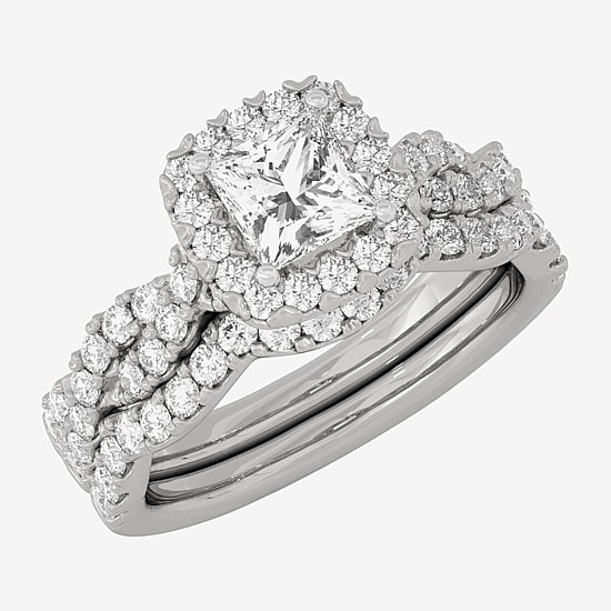 (H-I / Si1-Si2) Womens 1 7/8 CT. T.W. Lab Grown White Diamond 10K Gold Cushion Side Stone Halo Bridal Set