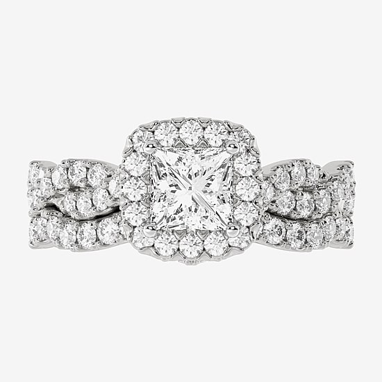 (H-I / Si1-Si2) Womens 1 7/8 CT. T.W. Lab Grown White Diamond 10K Gold Cushion Side Stone Halo Bridal Set