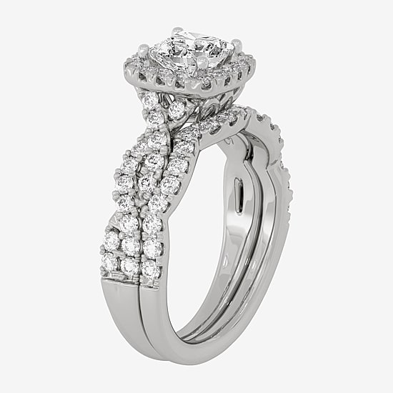 (H-I / Si1-Si2) Womens 1 7/8 CT. T.W. Lab Grown White Diamond 10K Gold Cushion Side Stone Halo Bridal Set