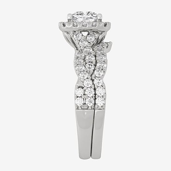 (H-I / Si1-Si2) Womens 1 7/8 CT. T.W. Lab Grown White Diamond 10K Gold Cushion Side Stone Halo Bridal Set