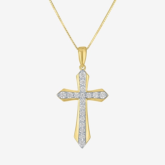 (G-H Womens 1/3 CT. T.W. Lab Grown White Diamond 10K Gold Cross 16 Inch Pendant Necklace
