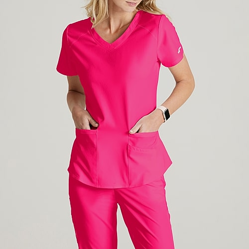 Skechers Sk101 Breeze 3-Pocket Curved Womens V Neck Short Sleeve Tag Free Stretch Fabric Moisture Wicking Scrub Top, X-large, Pink