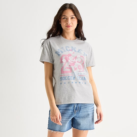 Mickey Soccer Boyfriend Tee Womens Juniors Crew Neck Short Sleeve Regular Fit Mickey and Friends Graphic T-Shirt