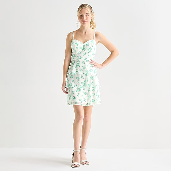 by&by Womens Juniors Sweetheart Neck Sleeveless Floral Fit + Flare Dress
