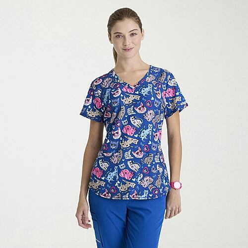 Skechers Skt021 Essence 3-Pocket Print Womens V Neck Short Sleeve Tag Free Stretch Fabric Moisture Wicking Scrub Top, X-large, Blue