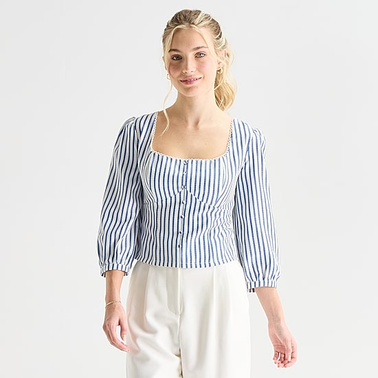 by&by Womens Juniors Straight Neck 3/4 Sleeve Blouse