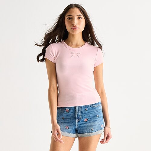 Arizona Womens Juniors Crew Neck Short Sleeve Regular Fit Graphic T-shirt In Pink