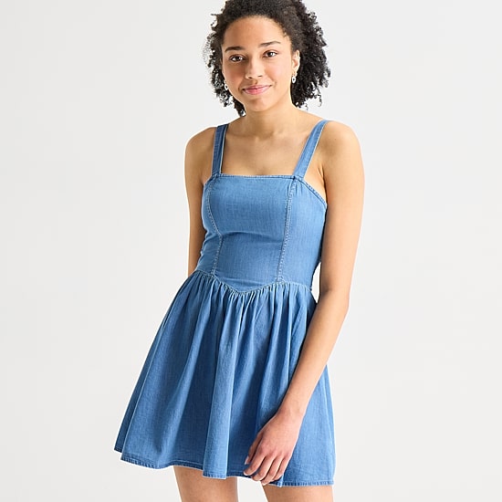 Arizona Womens Juniors Square Neck Sleeveless Babydoll Dress