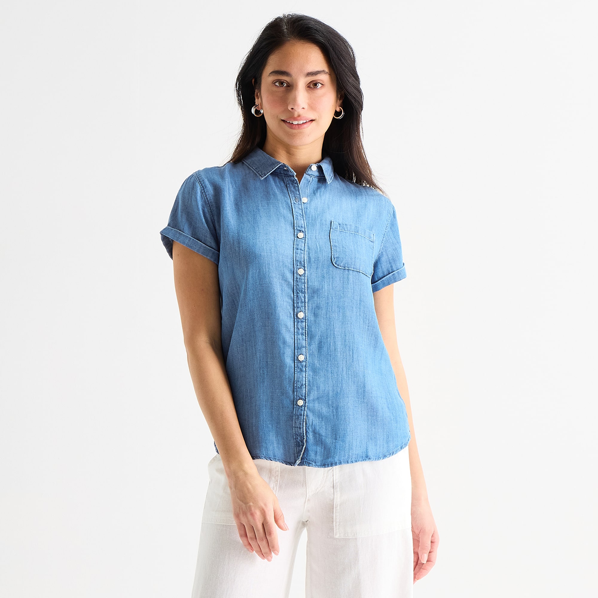 St. John's Bay Womens Short Sleeve Regular Fit Button-Down Shirt
