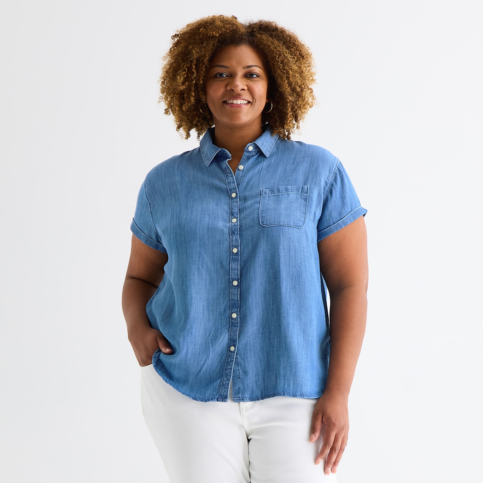 St. John's Bay Womens Plus Roll Short Sleeve Regular Fit Button-Down Shirt