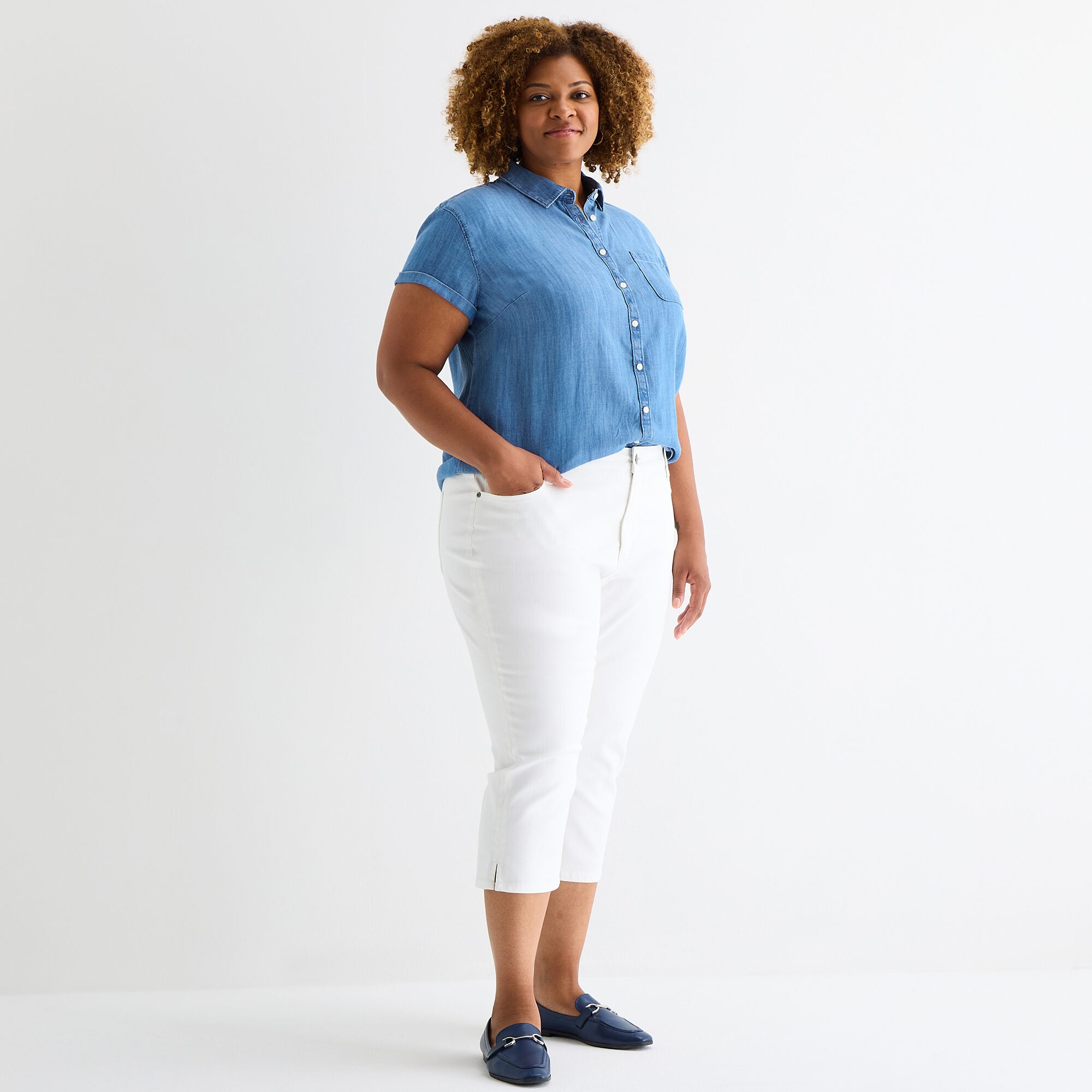 St. John's Bay Womens Plus Roll Short Sleeve Regular Fit Button-Down Shirt