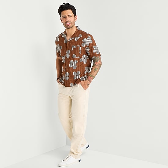 mutual weave Mens Short Sleeve Camp Shirt