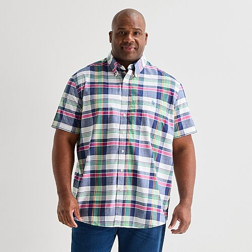 U.S. Polo Assn. Plaid Mens Short Sleeve Classic Fit Stretch Fabric Big and Tall Button-Down Shirt, 2x-large, Blue