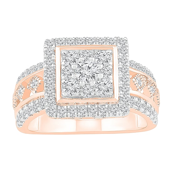 Womens 1 CT. T.W. Natural White Diamond 10K Gold Square Halo Cocktail Ring