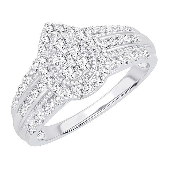 Womens 1/2 CT.T.W. Natural Diamond 10K or 14K White Gold Pear Side Stone Halo Engagement Ring