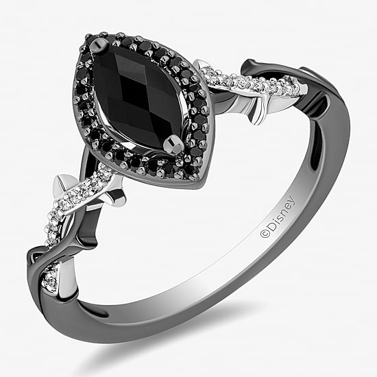 Enchanted Disney Fine Jewelry Womens 1/8 CT. T.W. Genuine Black Onyx Sterling Silver Marquise Maleficent Halo Side Stone Cocktail Ring
