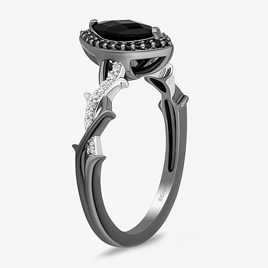 Enchanted Disney Fine Jewelry Womens 1/8 CT. T.W. Genuine Black Onyx Sterling Silver Marquise Maleficent Halo Side Stone Cocktail Ring