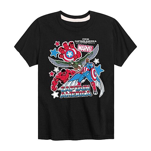 Disney Collection Brave New World Little & Big Kid Boys Crew Neck Short Sleeve Regular Fit Captain America Marvel Graphic T-Shirt, Large, Black