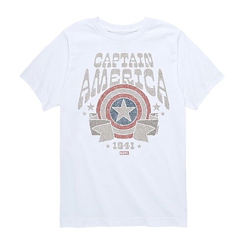 Disney Collection Brave New World Little & Big Kid Boys Crew Neck Short Sleeve Regular Fit Captain America Marvel Graphic T-Shirt, X-large, White