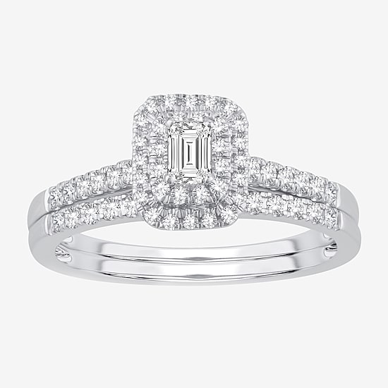 1/2 CT.T.W. Natural Diamond Side Stone Halo Bridal Set in 10K or 14K Gold