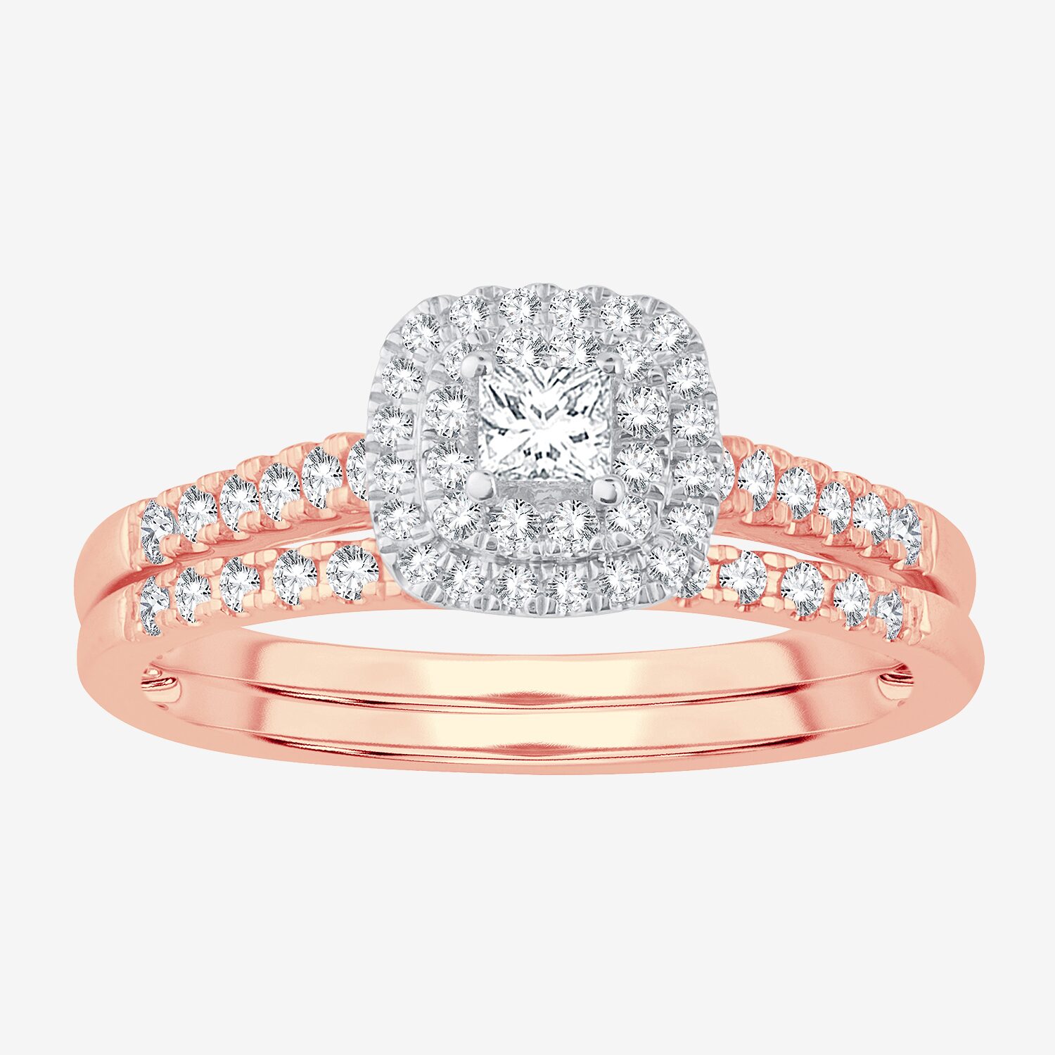 1/2 CT.T.W. Natural Diamond Cushion Shape Side Stone Halo Bridal Set 10K or 14K Gold