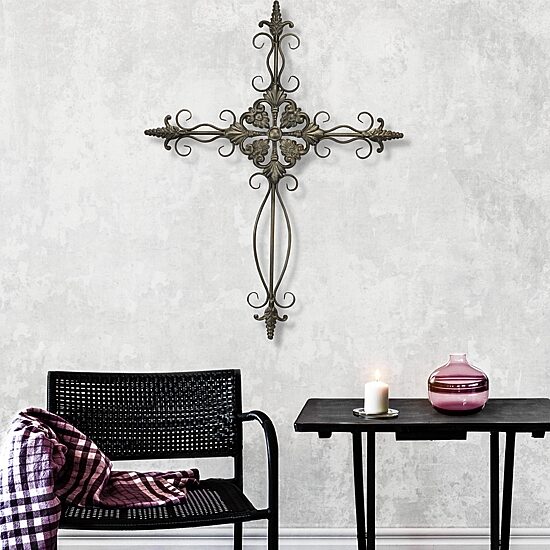 Cheungs Dark Brown Cross With Swirl And Patterned Accents Metal Wall Art