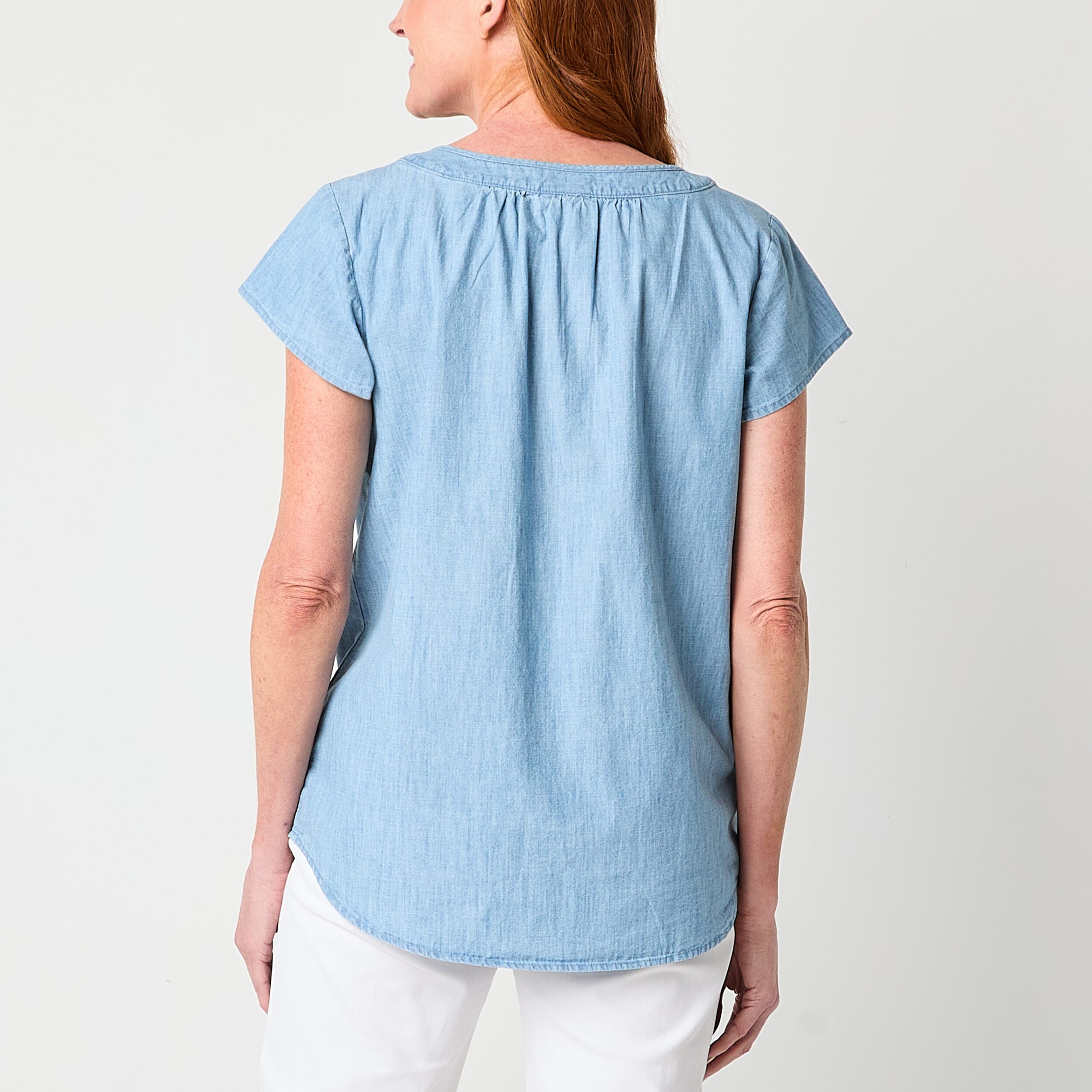 St. John's Bay Womens Tall Split Crew Neck Short Sleeve Embroidered Blouse