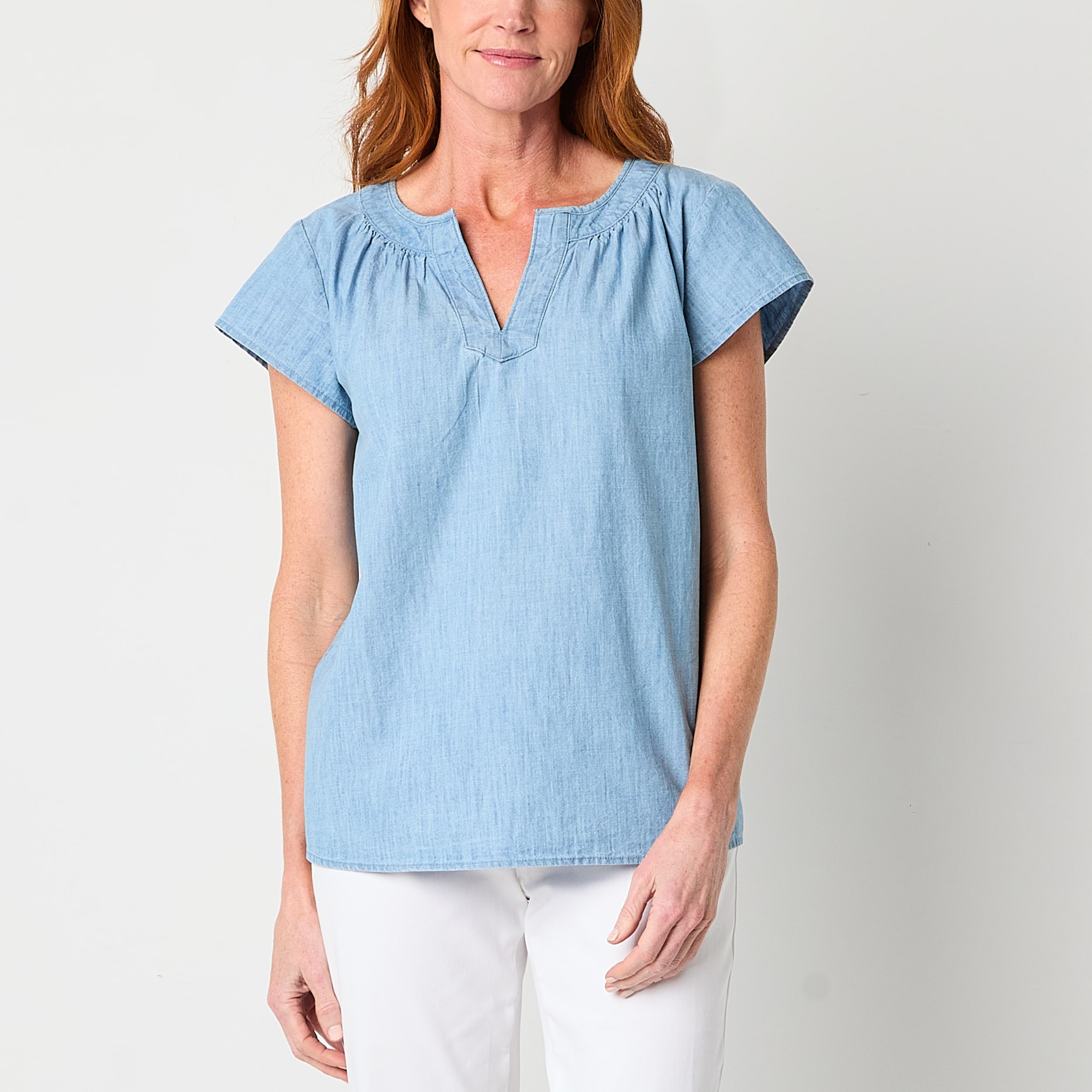 St. John's Bay Womens Tall Split Crew Neck Short Sleeve Embroidered Blouse