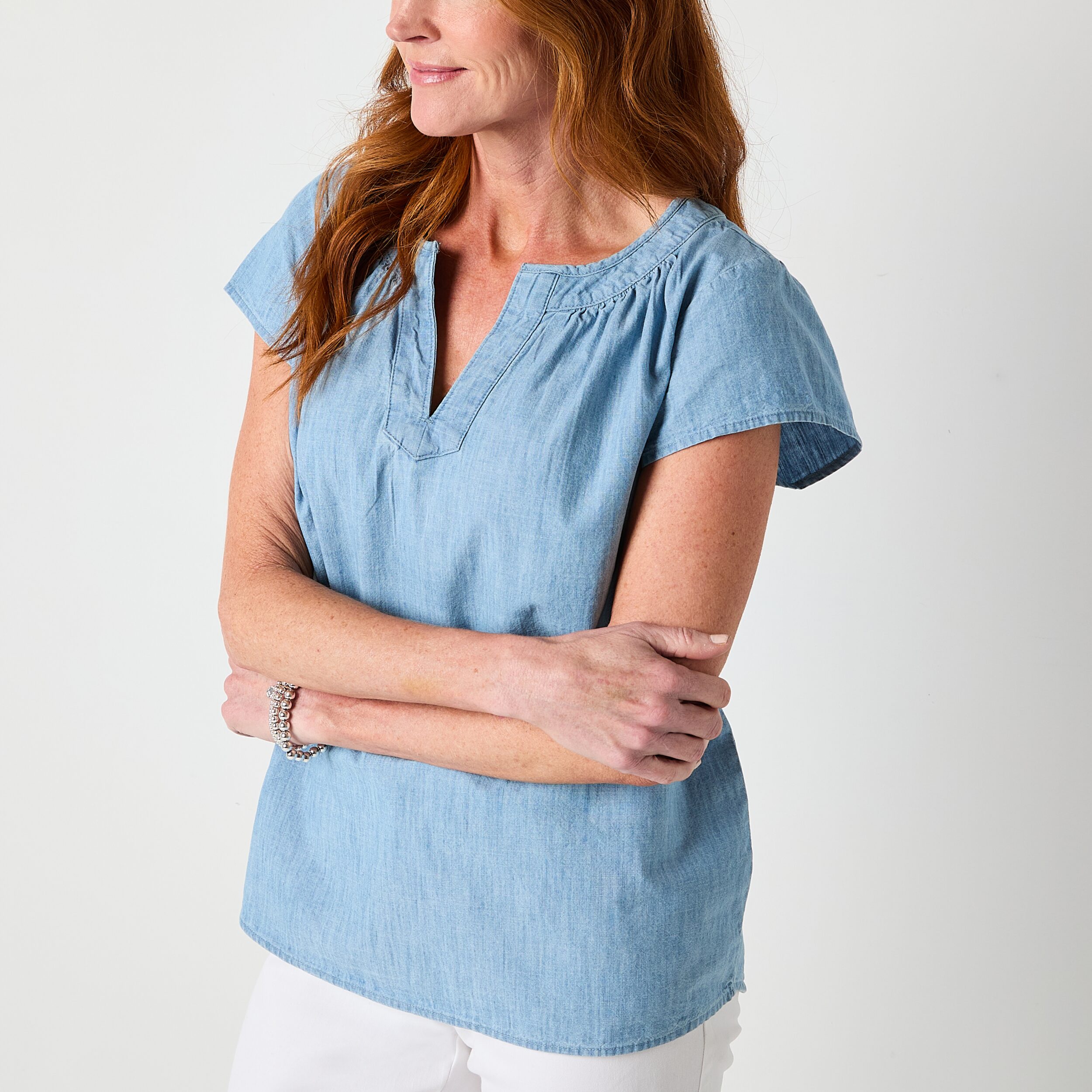 St. John's Bay Womens Tall Split Crew Neck Short Sleeve Embroidered Blouse