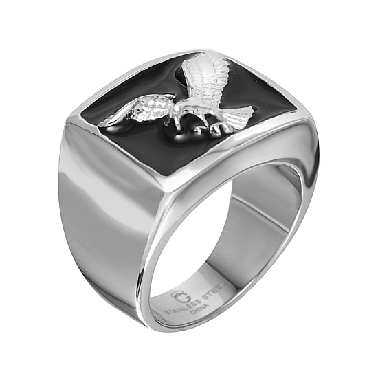 Mens Two-Tone Stainless Steel Black Enamel Eagle Ring