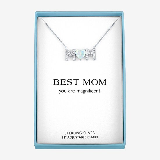 "Mom" Womens Lab Created White Opal Sterling Silver Heart 18 Inch Pendant Necklace