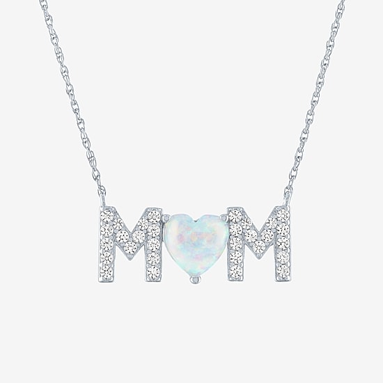"Mom" Womens Lab Created White Opal Sterling Silver Heart 18 Inch Pendant Necklace