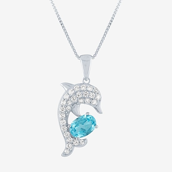 Womens Genuine Blue Topaz Sterling Silver Dolphin Pendant Necklace