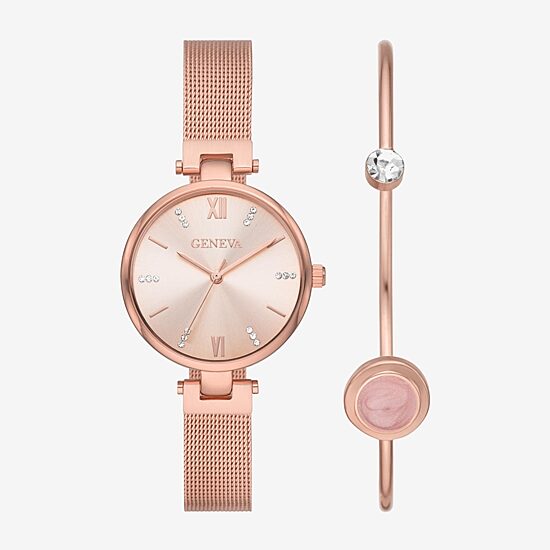 Geneva Womens Crystal Accent Rose Goldtone Stainless Steel Bracelet Watch Fmdjset076