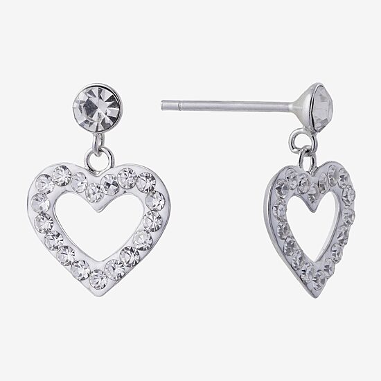 Silver Treasures Womens Crystal Sterling Silver Heart Drop Earrings