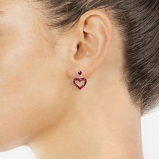 Silver Treasures Womens Red Crystal Sterling Silver Heart Drop Earrings