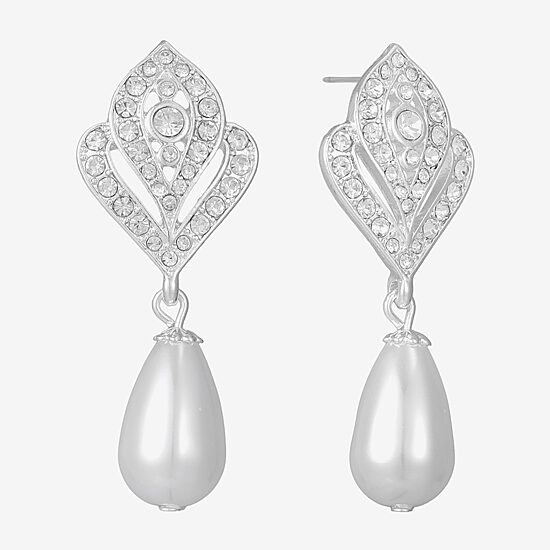 Monet Jewelry Timeless Silver Tone Womens Glass Simulated Pearl Hypoallergenic Drop Earrings