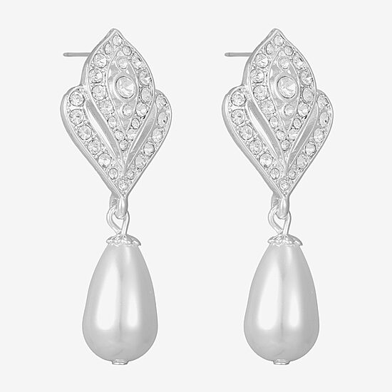 Monet Jewelry Timeless Silver Tone Womens Glass Simulated Pearl Hypoallergenic Drop Earrings