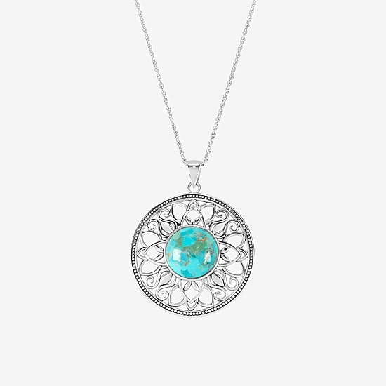 Womens Enhanced Blue Turquoise Sterling Silver Round 18 Inch Pendant Necklace