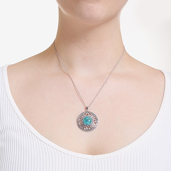 Womens Enhanced Blue Turquoise Sterling Silver Round 18 Inch Pendant Necklace
