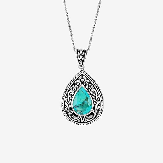 Womens Enhanced Blue Turquoise Sterling Silver Pear 18 Inch Pendant Necklace